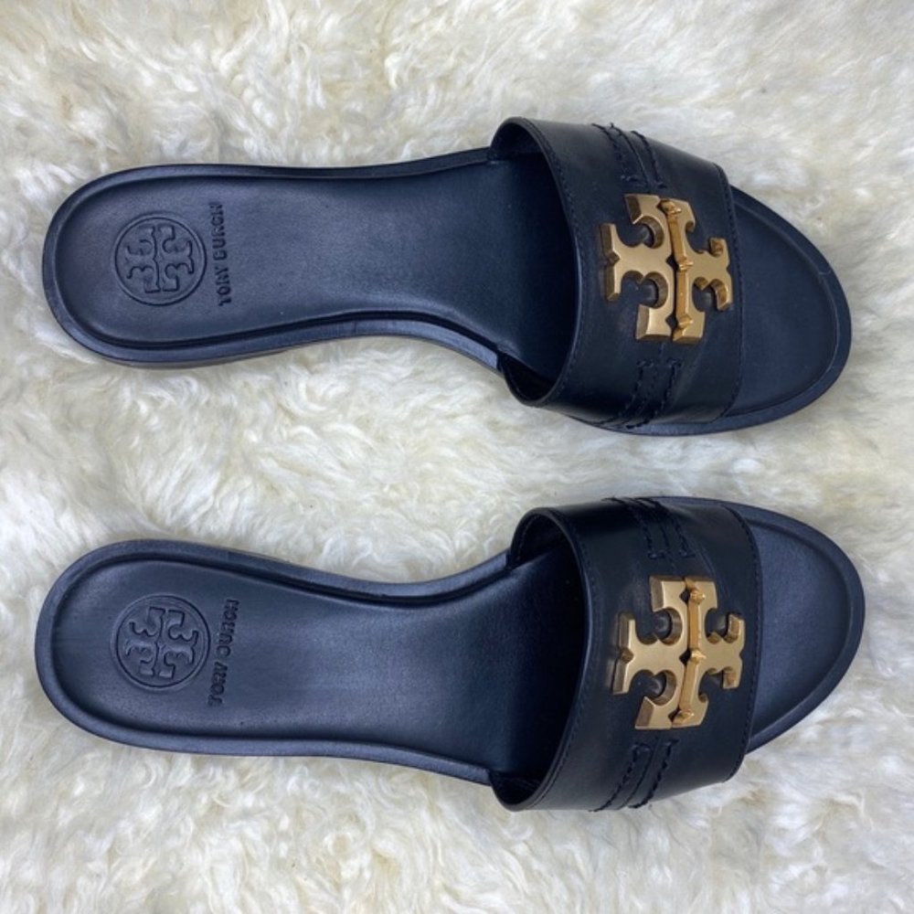 Tory Burch Everly Black Leather Slide Sandals 6 - Picture 3 of 8